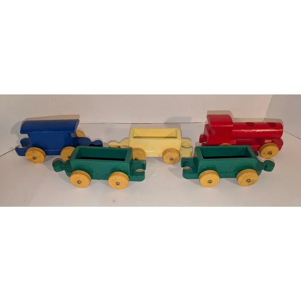 Vintage Interlocking Wooden Handcrafted Train Engine 4 Cars Toy Rare